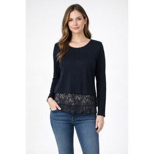 Theory Bente Idol Jersey Long Sleeve Top Lace Hem Details Black Sz L
